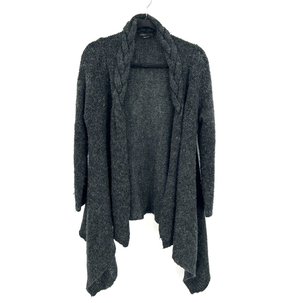 BCBGMAXAZRIA Charcoal Gray Waterfall Open Front Cardigan Braided Collar Large